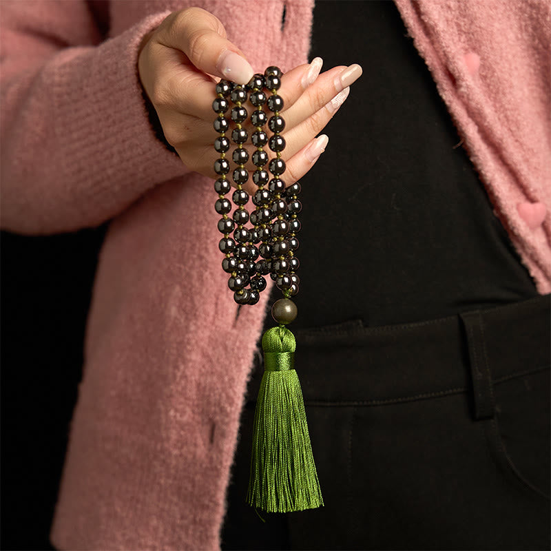 108 Mala Beads Natural Stone Hematite Tassel Powerful Bracelet