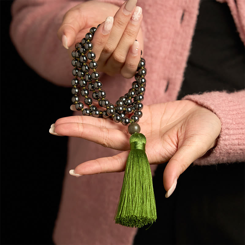 108 Mala Beads Natural Stone Hematite Tassel Powerful Bracelet