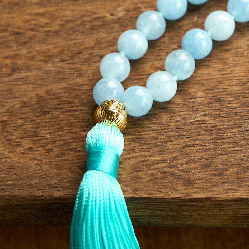 108 Mala Beads Natural Stone Aquamarine Tassel Lotus Bracelet