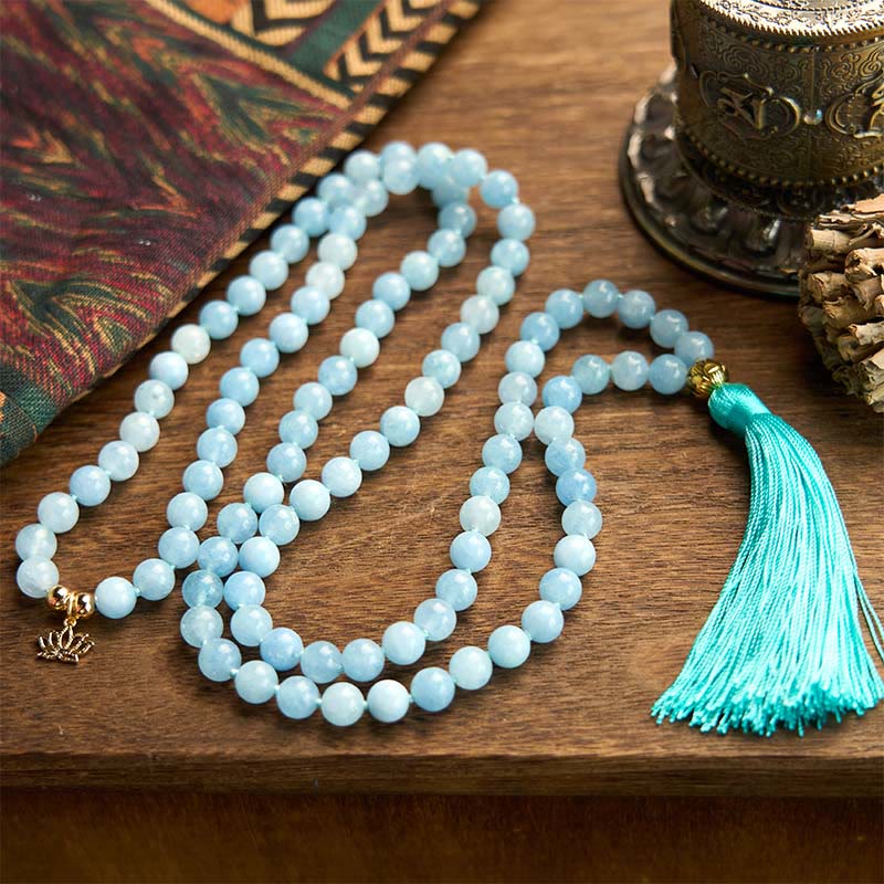 108 Mala Beads Natural Stone Aquamarine Tassel Lotus Bracelet