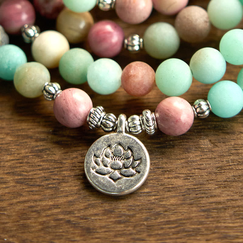 108 Mala Beads Rhodonite Amazonite Lotus Bracelet