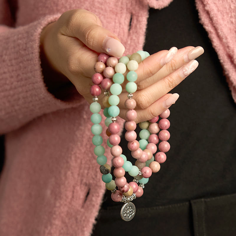 108 Mala Beads Rhodonite Amazonite Lotus Bracelet