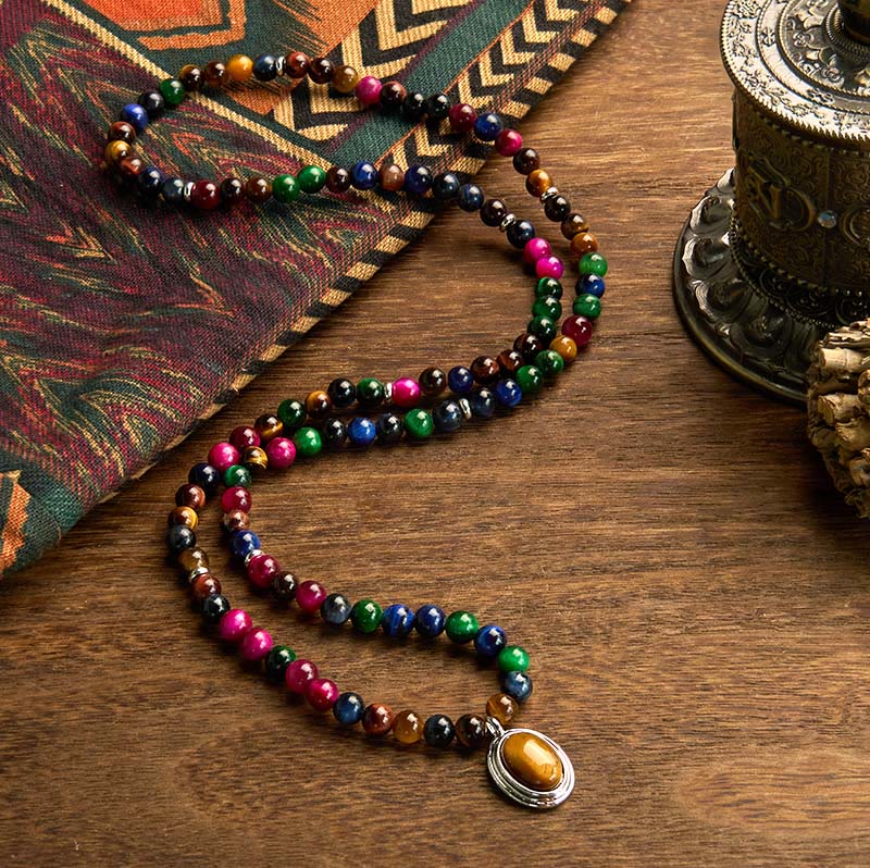 108 Mala Beads Natural Colorful Tiger Eye Stone Multi-turn Protection Bracelet