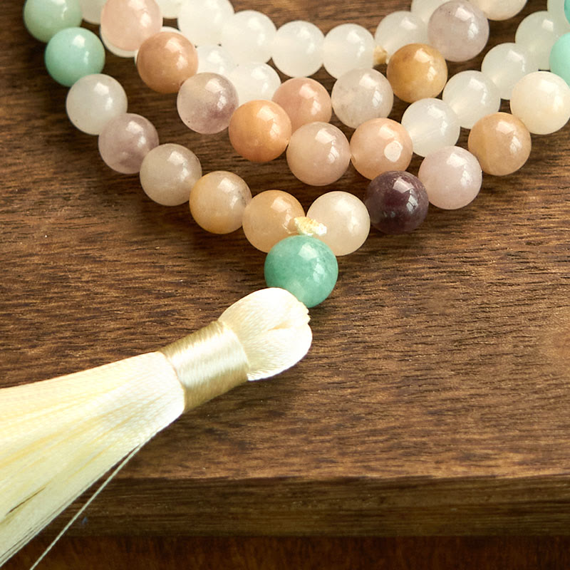 108 Mala Beads Natural White Jade Amazonite White Tassel Bracelet