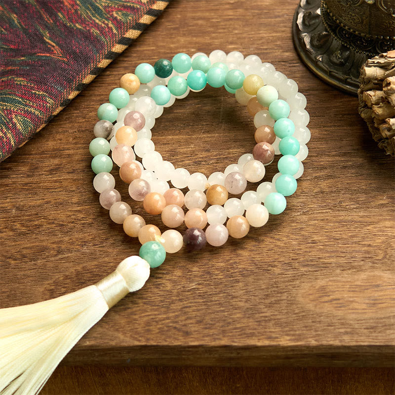 108 Mala Beads Natural White Jade Amazonite White Tassel Bracelet