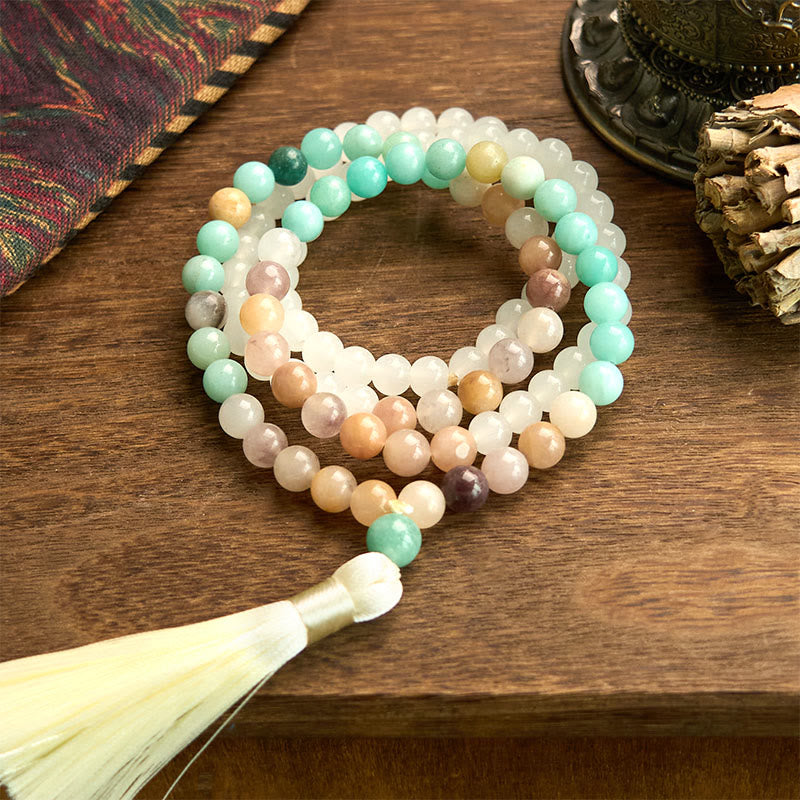 108 Mala Beads Natural White Jade Amazonite White Tassel Bracelet