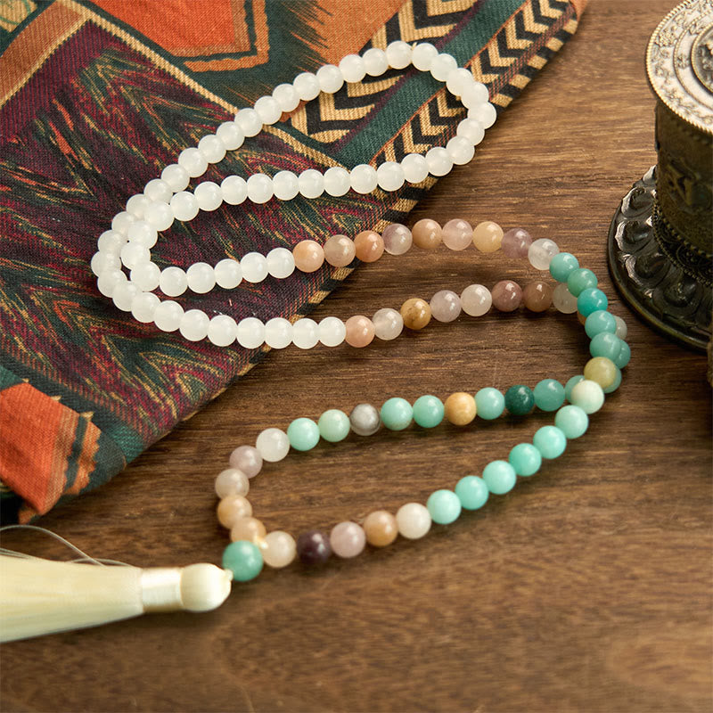 108 Mala Beads Natural White Jade Amazonite White Tassel Bracelet