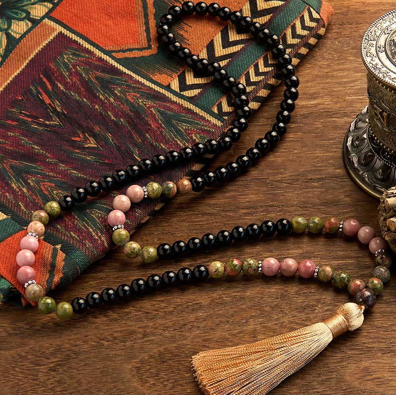 108 Mala Beads Black Jasper Rhodonite Khaki Tassel Bracelet