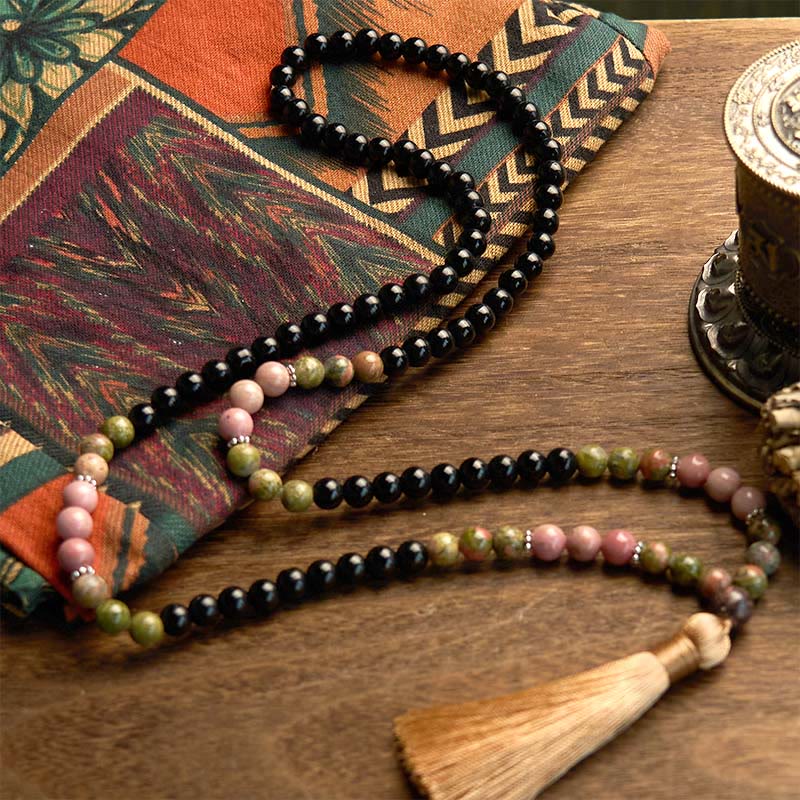 108 Mala Beads Black Jasper Rhodonite Khaki Tassel Bracelet