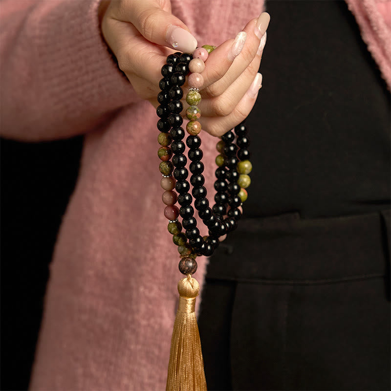 108 Mala Beads Black Jasper Rhodonite Khaki Tassel Bracelet