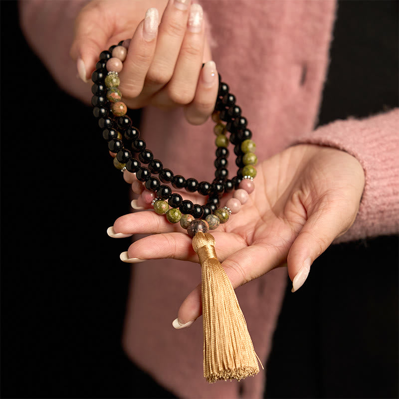 108 Mala Beads Black Jasper Rhodonite Khaki Tassel Bracelet