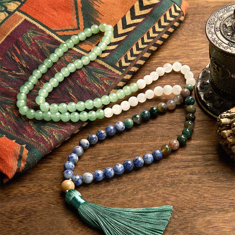 108 Mala Beads Natural Green Aventurine Blue Spot Jasper Indian Agate Green Tassel Luck Bracelet