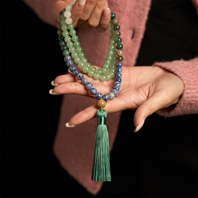 108 Mala Beads Natural Green Aventurine Blue Spot Jasper Indian Agate Green Tassel Luck Bracelet