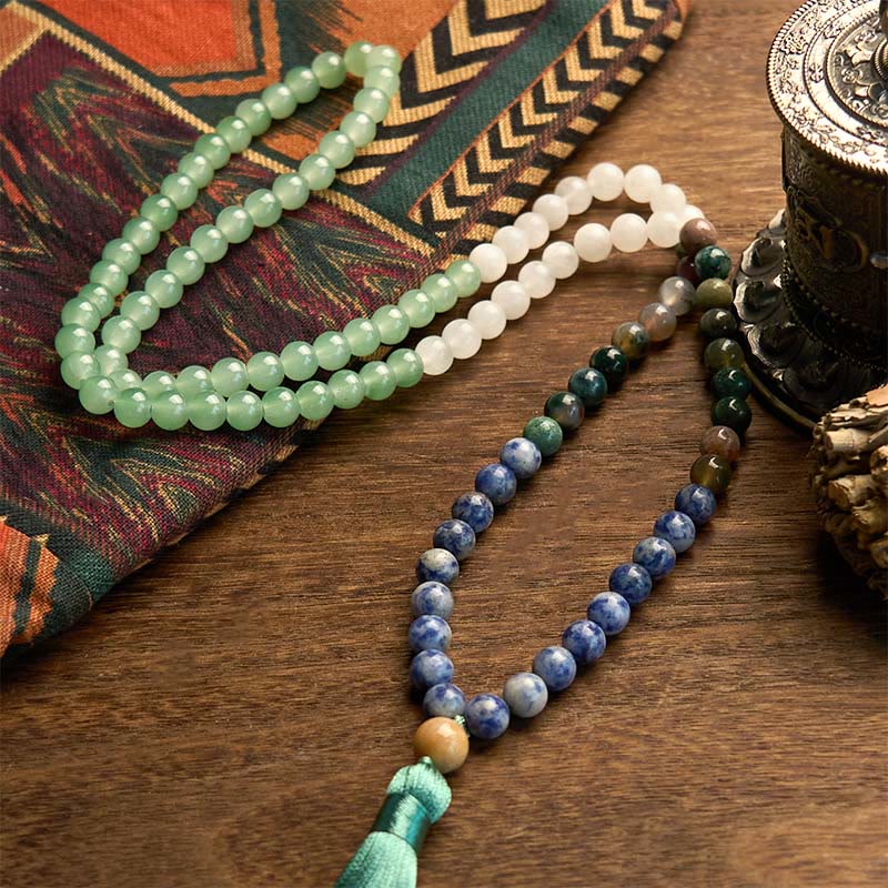 108 Mala Beads Natural Green Aventurine Blue Spot Jasper Indian Agate Green Tassel Luck Bracelet