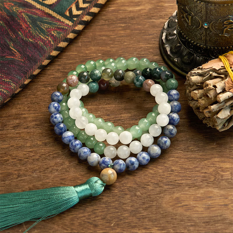 108 Mala Beads Natural Green Aventurine Blue Spot Jasper Indian Agate Green Tassel Luck Bracelet