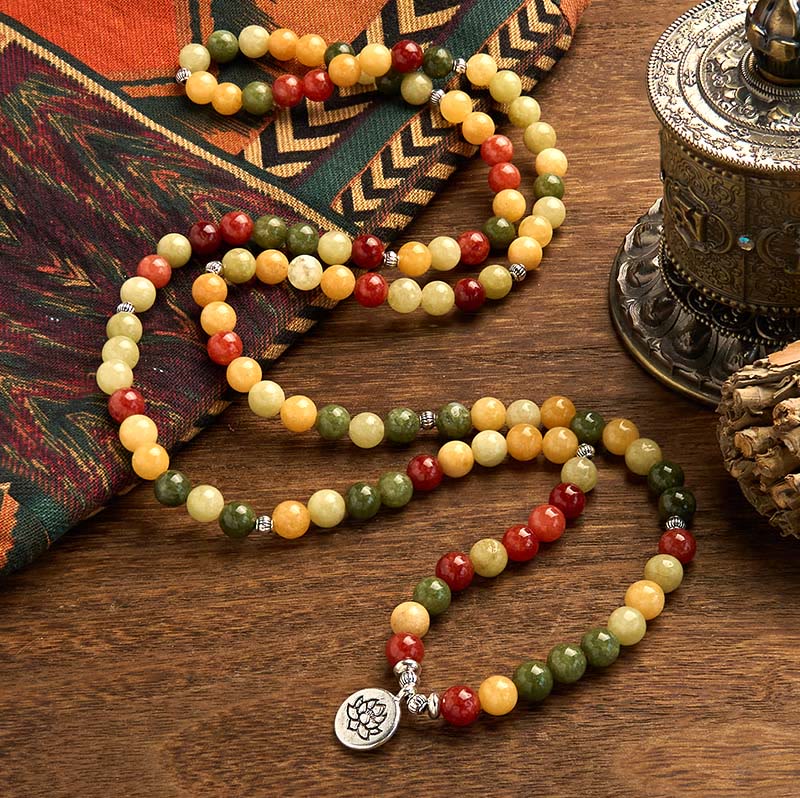 108 Mala Beads Natural Colored Stone Topaz Red Jasper Green Jasper Lotus Protection Bracelet