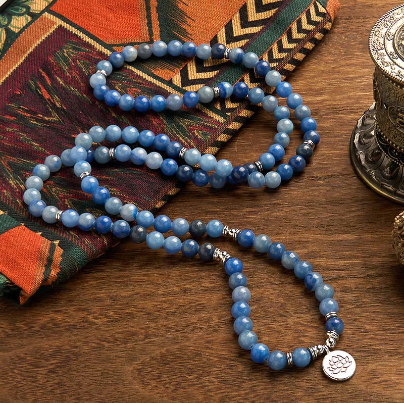 108 Mala Beads Multi-layer Natural Blue Aventurine Lotus Calm Bracelet
