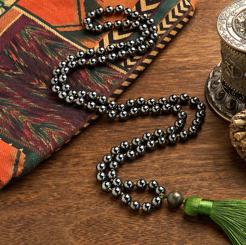 108 Mala Beads Natural Stone Hematite Tassel Powerful Bracelet