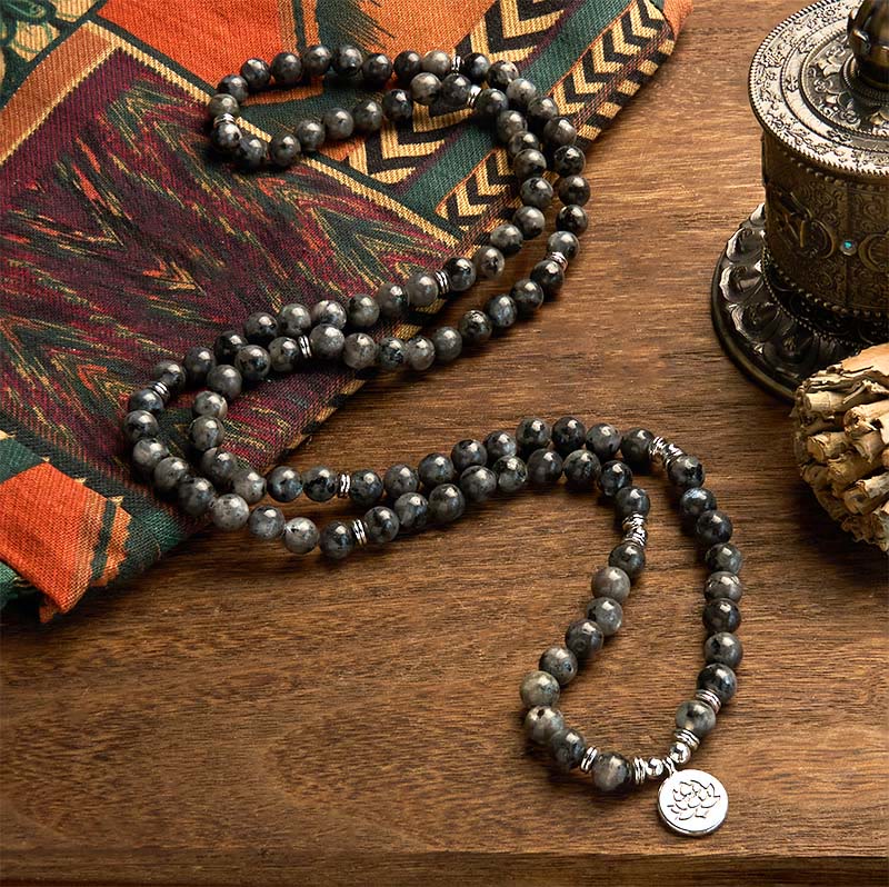 108 Mala Beads Multi-layer Natural Black Glitter Stone Lotus Positivity Bracelet