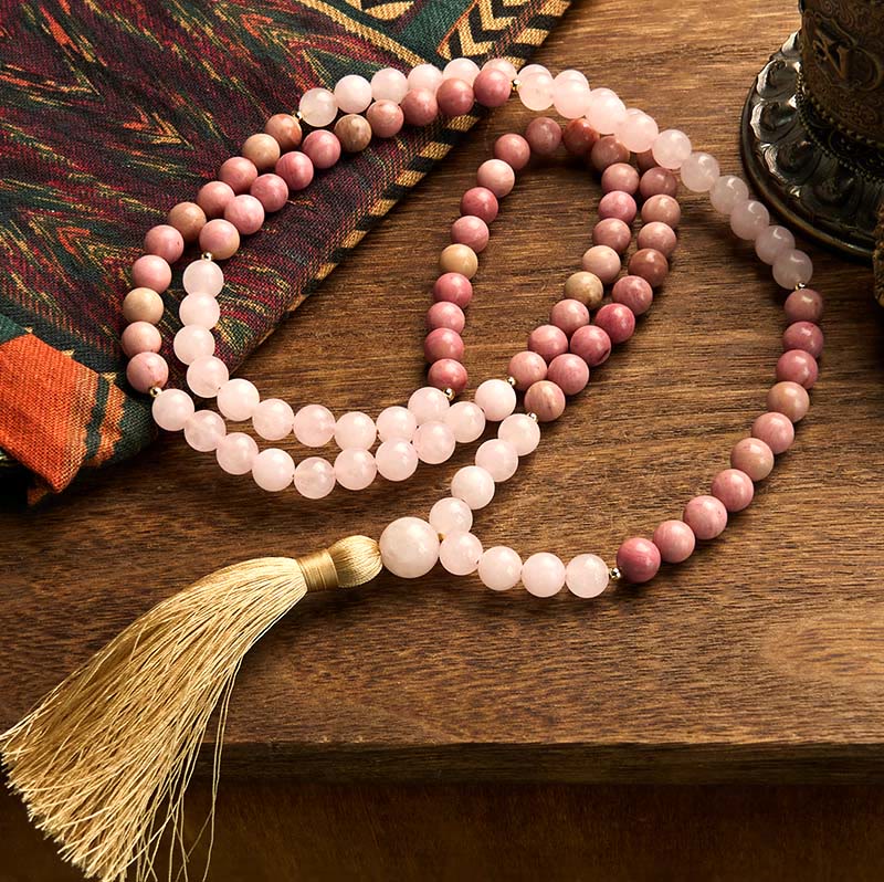 108 Mala Beads Rhodonite Rose Quartz Tassel Bracelet