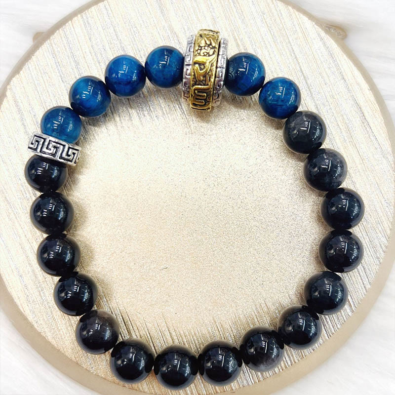 Silver Sheen Obsidian Blue Tiger Eye Om Mani Padme Hum Protection Bracelet