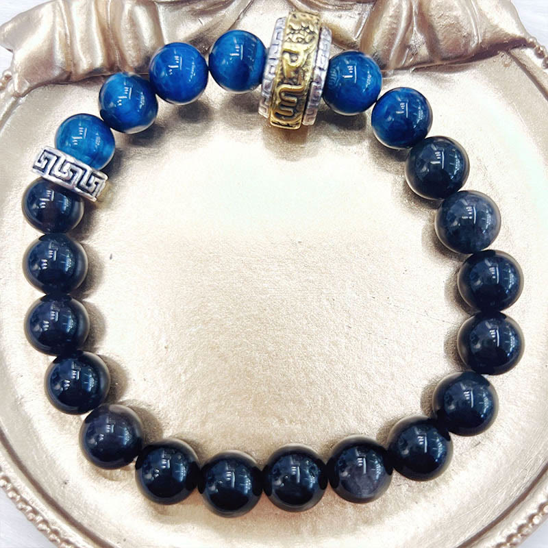 Silver Sheen Obsidian Blue Tiger Eye Om Mani Padme Hum Protection Bracelet