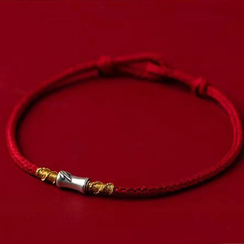 Handmade 925 Sterling Silver Bamboo Design Red String Luck Braided Bracelet