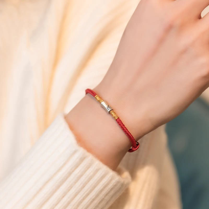 Handmade 925 Sterling Silver Bamboo Design Red String Luck Braided Bracelet