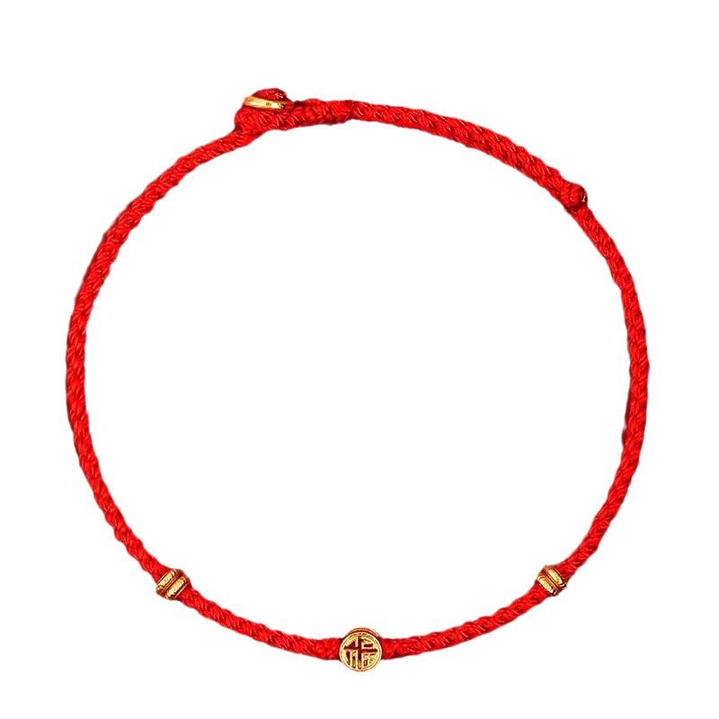 Handmade Braided Red String 925 Sterling Silver Fu Character Luck Bracelet