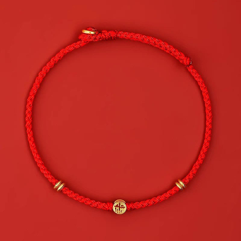 Handmade Braided Red String 925 Sterling Silver Fu Character Luck Bracelet