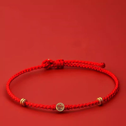 Handmade Braided Red String 925 Sterling Silver Fu Character Luck Bracelet