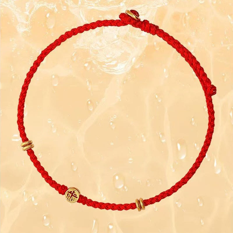 Handmade Braided Red String 925 Sterling Silver Fu Character Luck Bracelet