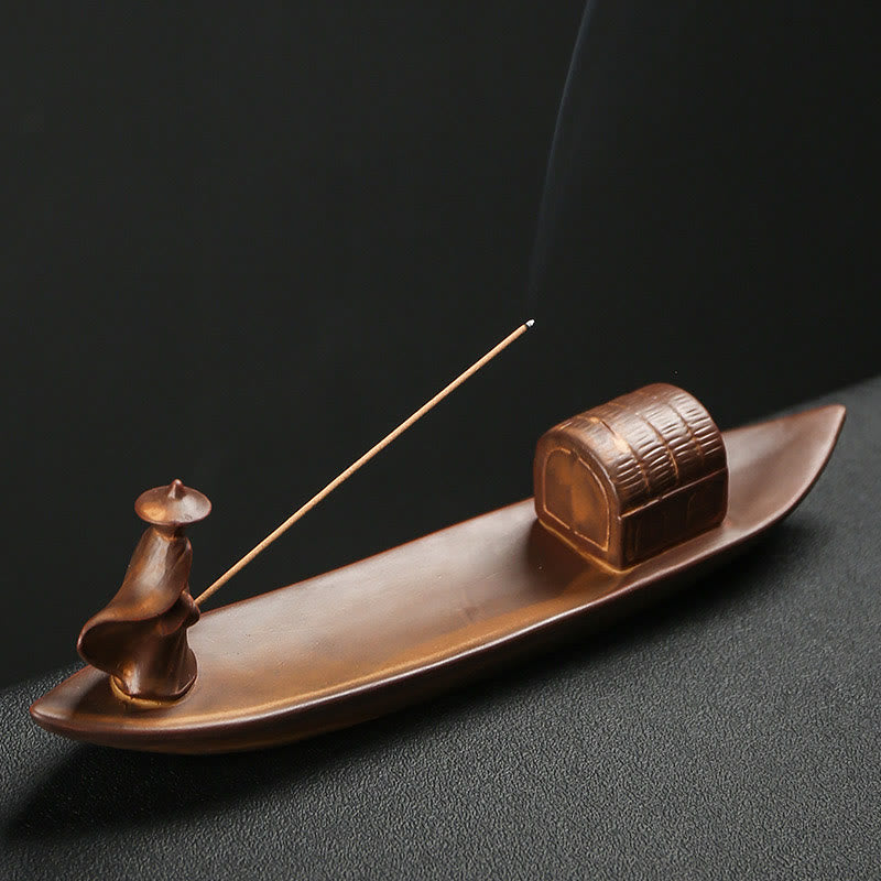 Fisherman Fishing Boat Bamboo Person Hand Lotus Spiritual Ceramic Stick Incense Burner Decoration