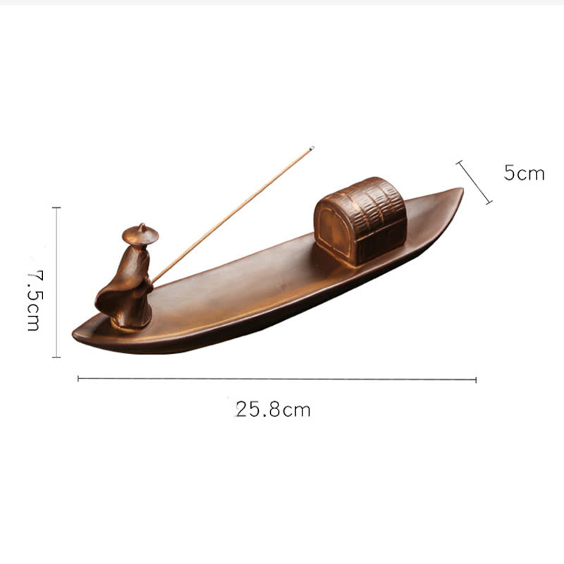 Fisherman Fishing Boat Bamboo Person Hand Lotus Spiritual Ceramic Stick Incense Burner Decoration