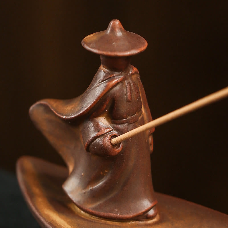 Fisherman Fishing Boat Bamboo Person Hand Lotus Spiritual Ceramic Stick Incense Burner Decoration