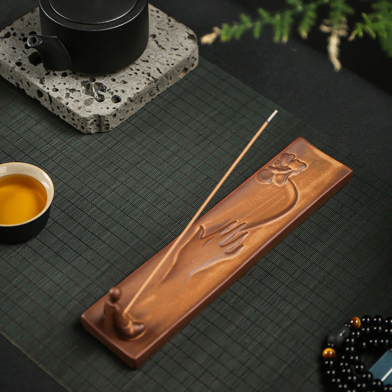 Fisherman Fishing Boat Bamboo Person Hand Lotus Spiritual Ceramic Stick Incense Burner Decoration