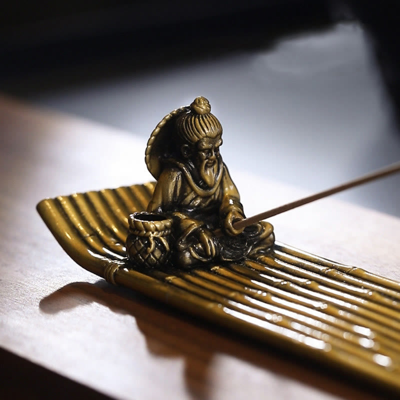 Fisherman Bamboo Fishing Boat Alloy Incense Stick Holder Incense Burner Decoration