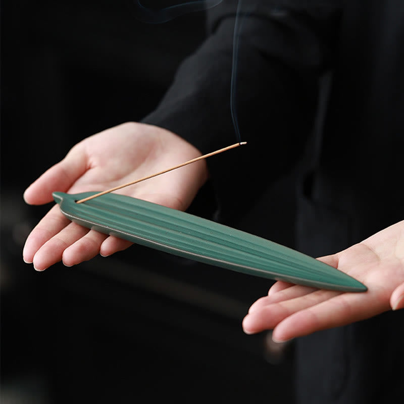 Green Bamboo Leaf Ceramic Incense Burner Decoration