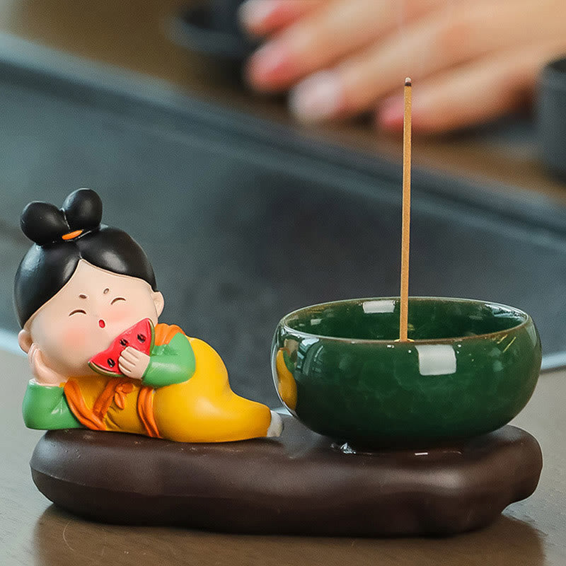 Tang Dynasty Lady Food Ceramic Incense Burner Desk Decoration