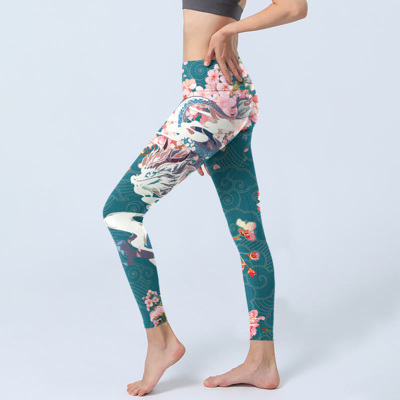 Dragon Cherry Blossoms Print Gym Leggings Women's Yoga Pants
