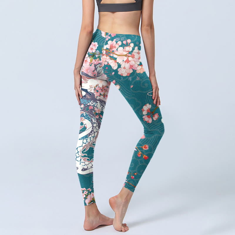 Dragon Cherry Blossoms Print Gym Leggings Women's Yoga Pants