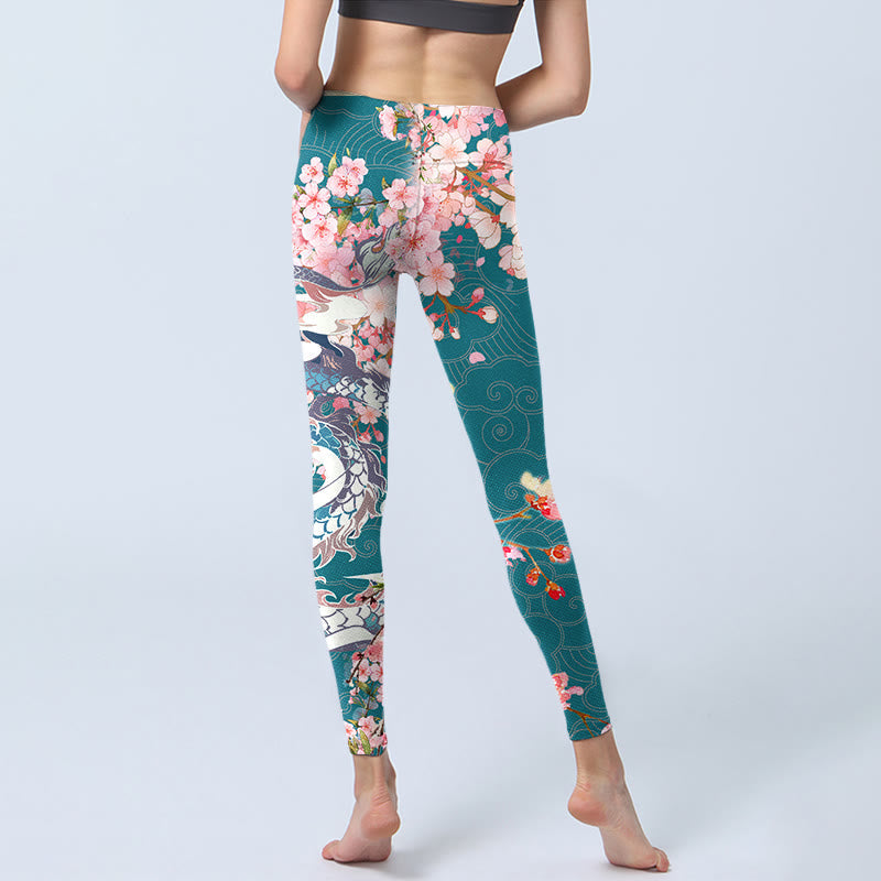 Dragon Cherry Blossoms Print Gym Leggings Women's Yoga Pants
