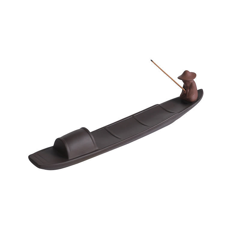 Fisherman Boat Purple Clay Peace Ceramic Stick Incense Burner Decoration