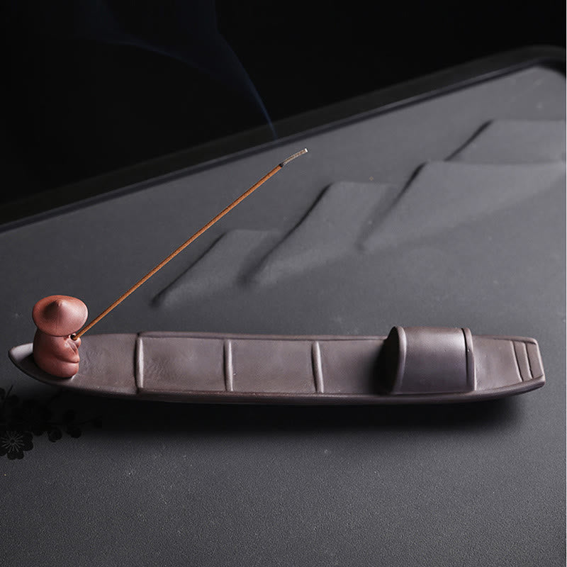 Fisherman Boat Purple Clay Peace Ceramic Stick Incense Burner Decoration