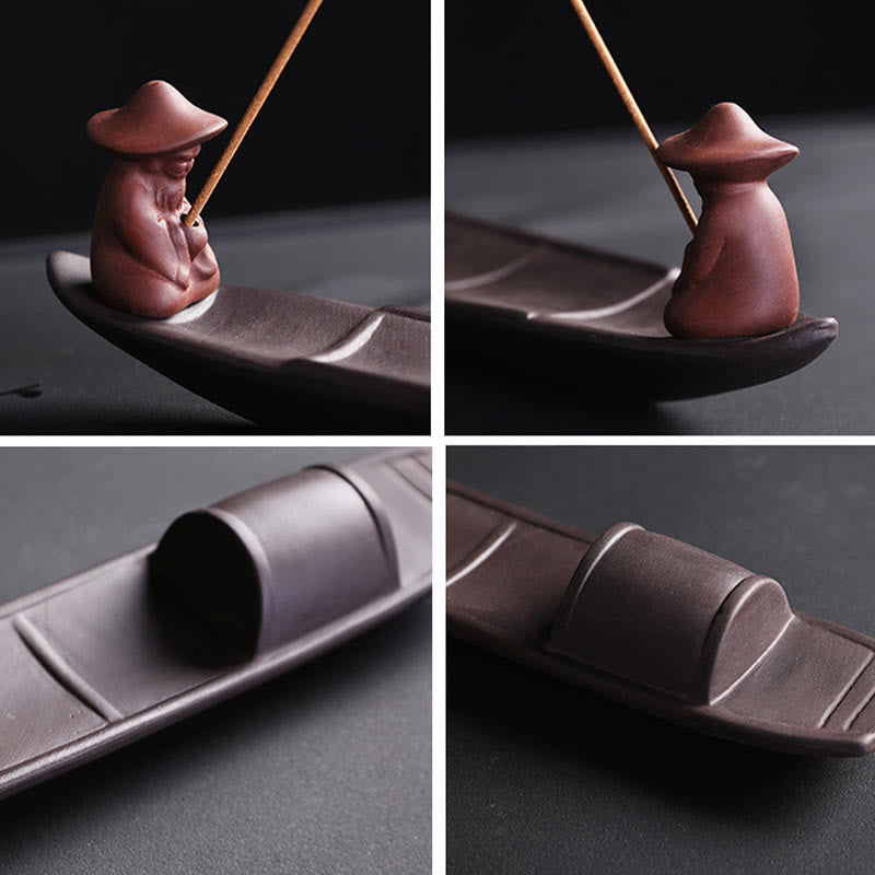 Fisherman Boat Purple Clay Peace Ceramic Stick Incense Burner Decoration