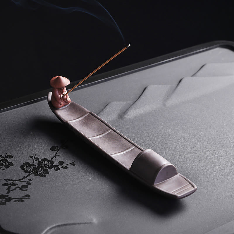Fisherman Boat Purple Clay Peace Ceramic Stick Incense Burner Decoration