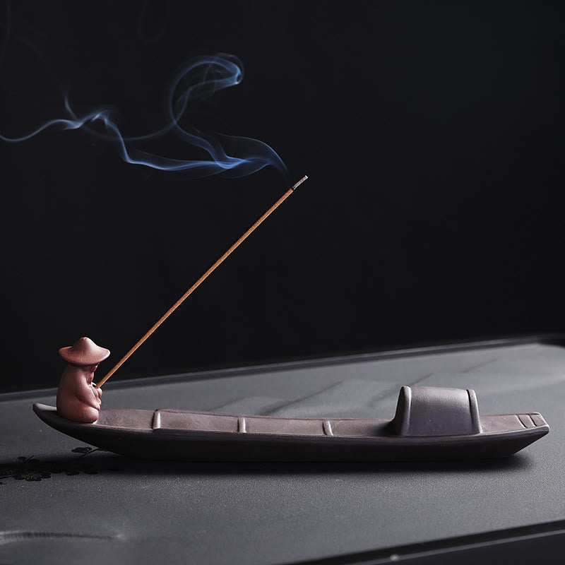 Fisherman Boat Purple Clay Peace Ceramic Stick Incense Burner Decoration