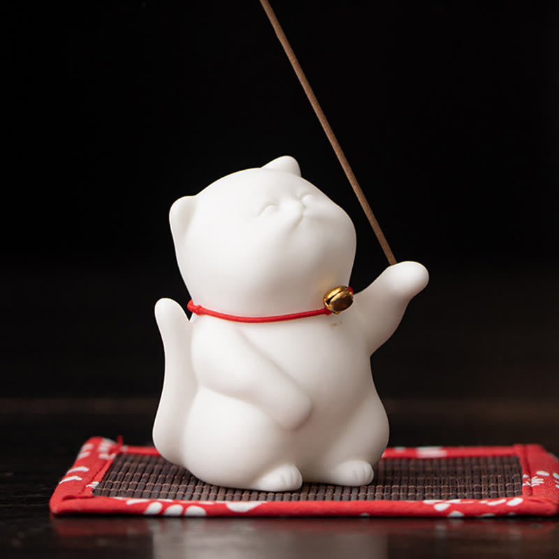 Cat Bell Bamboo Mat Ceramic Incense Burner Desk Decoration