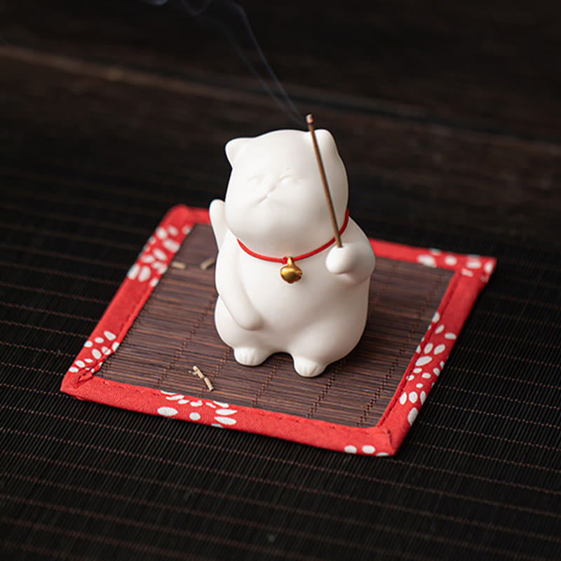 Cat Bell Bamboo Mat Ceramic Incense Burner Desk Decoration