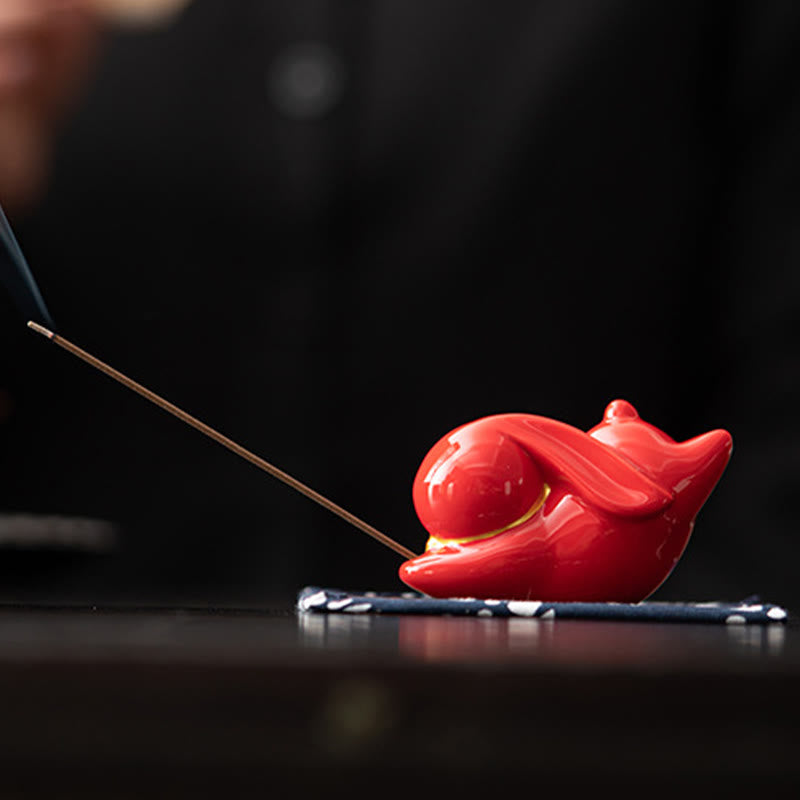 Flying Rabbit Bamboo Mat Ceramic Incense Burner Desk Decoration
